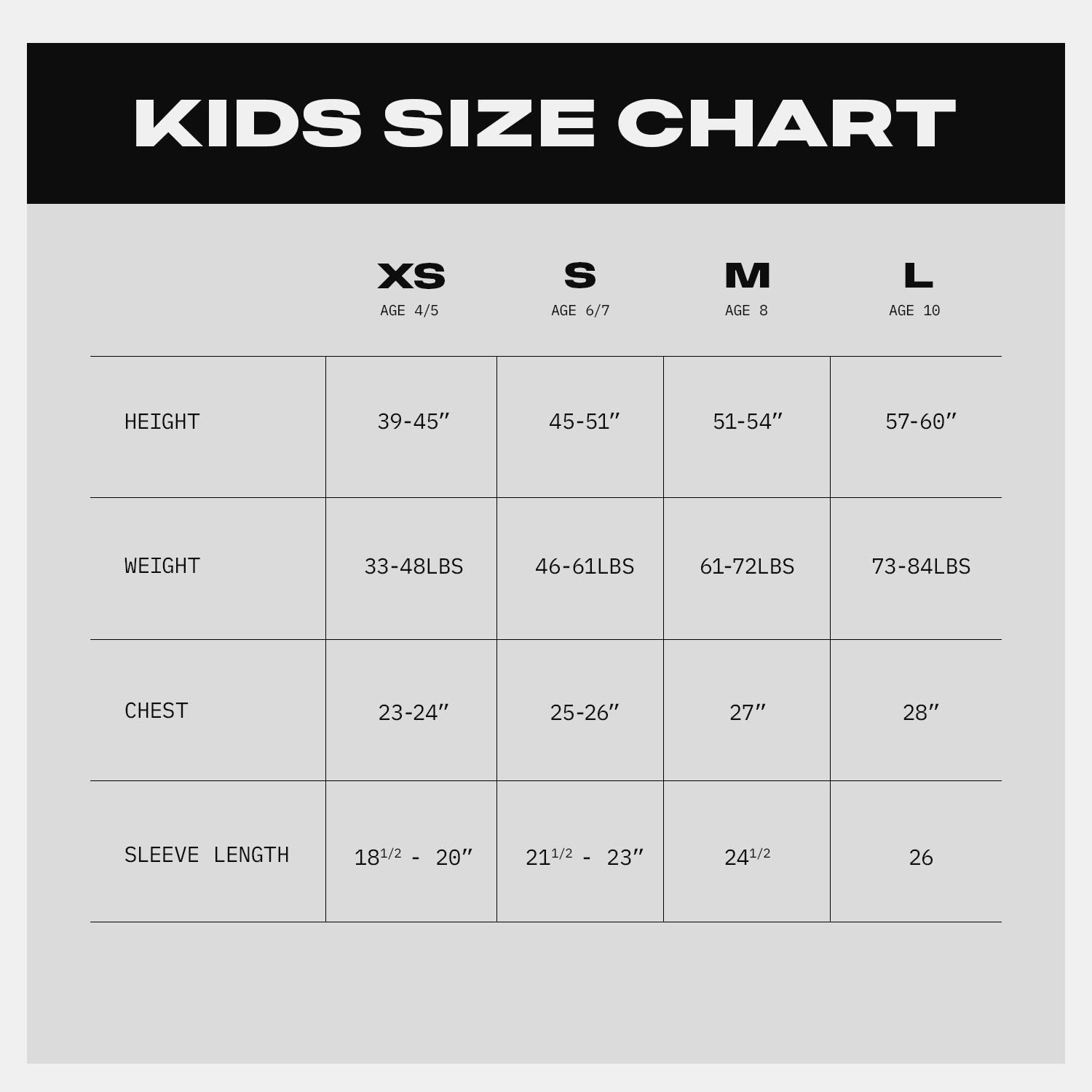 DO YOU HAVE A KID'S SIZE CHART AVAILABLE? – The Legends Brand